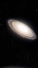 Wall Mural - Two distant, bright disk galaxies approach each other in dark outer space with twinkling stars and bright center lights.