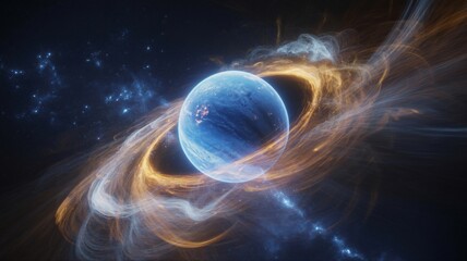 a stylized illustration depicts a blue planet with glowing, swirling rings against a dark, starry ba