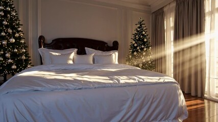 Poster - Cozy holiday morning sunlight streams into elegant bedroom with Christmas trees and soft white bedding, creating festive