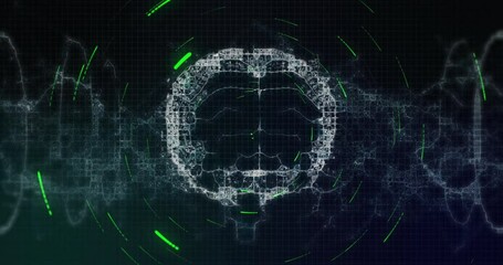 Poster - Red rings appearing leading wireframe brain emerging over oscillating waveform rotating rings