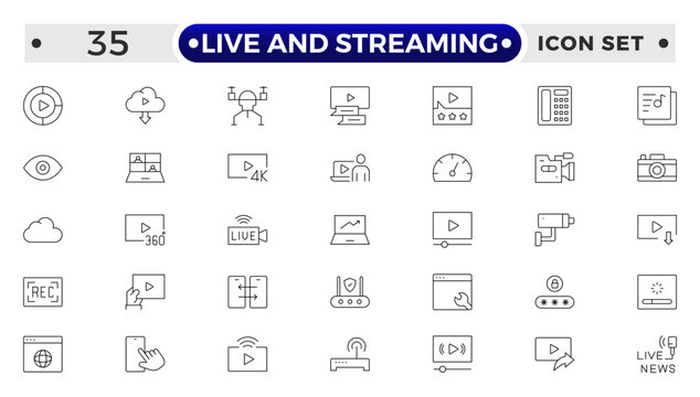 Live and Streaming outline icon set. Live stream, broadcasting online stream. Lower third template for tv, shows, movies and live performance.