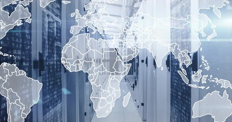 Poster - Opening server corridor revealing world map fading in, flares and bits drifting for network graphic