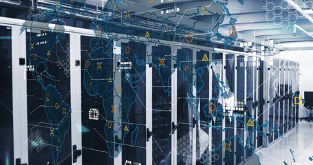 Poster - World map fading over server racks, icons rising, lines linking, dots flashing indicating security