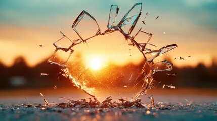 Poster - An artistic shot capturing the explosion of glass fragments sparkling under a warm sunset glow, symbolizing beauty intertwined with destruction in a compelling visual narrative.
