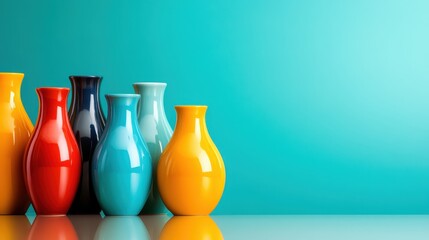 Poster - An artistic display of modern vases in a rainbow of colors against a soft teal background, representing creativity, harmony, and aesthetic appeal in home decor.