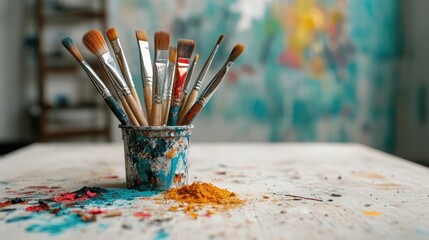 Poster - A collection of vibrant paintbrushes arranged in a rustic container, surrounded by colorful splashes of paint and scattered art materials, showcasing creativity and artistic expression.