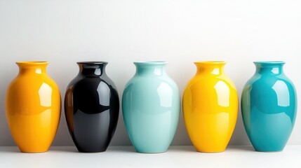 Poster - A collection of five glossy ceramic vases in vibrant colors on a white background, showcasing an elegant and stylish arrangement that highlights modern home decor aesthetics.