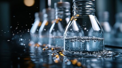 Poster - This image features clear bottles filled with sparkling water, showcasing bubbles rising to the surface, perfect for representing freshness and hydration in any context.