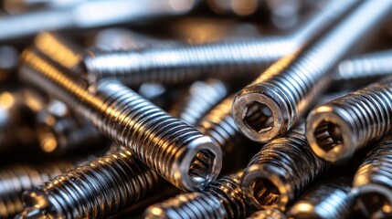 Poster - A detailed close-up view showcasing an array of stainless steel screws, highlighting their shine and intricate thread patterns on a blurred metallic background.