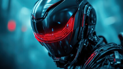 Poster - A striking portrait of a futuristic robot with glowing red features, conveying a sense of advanced technology and innovation within a science fiction context.