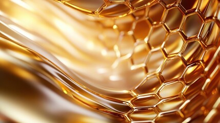 Poster - An artistic depiction of a smooth, flowing honeycomb pattern, characterized by golden hues and reflective surfaces that evoke a sense of warmth and richness.