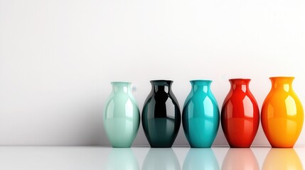 Poster - A collection of five stylish vases in different colors stands elegantly against a minimalist backdrop, showcasing contemporary design and aesthetic appeal in home decor.