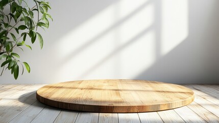 Poster - A minimalist wooden round platform bathed in natural sunlight, highlighting simplicity and elegance, perfect for product displays or artistic presentations in a clean environment.
