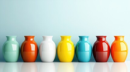 Poster - An artistic arrangement of vibrant vases in various colors stands against a soft background, showcasing elegance and creativity while enhancing any interior decor.