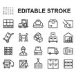 © riky - Collection of warehousing related icons. Thin line vectors. Contains icons such as pallet, box arrangement, container and more.