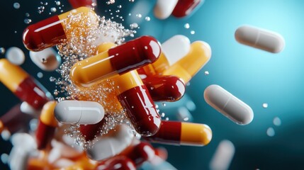 Poster - A captivating image featuring colorful capsules in motion, surrounded by bubbles, representing the energy and vibrancy of the pharmaceutical world in a dynamic way.