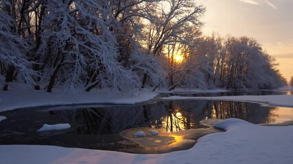 Aufkleber - Snowy winter river sunrise with golden dawn reflection, tranquil landscape of snow covered trees and calm water, peaceful frosty