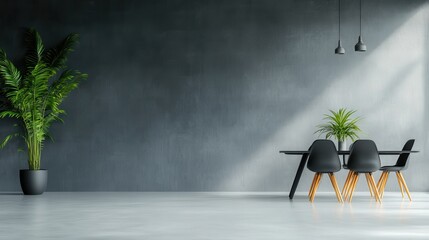 Poster - This sleek and modern office space features a minimalist design with a large table, black chairs, and decorative plants, exemplifying contemporary interior decor aesthetics.