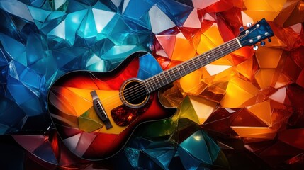 Poster - This image features a striking acoustic guitar positioned against a backdrop of colorful, radiant shards, capturing the essence of music and creativity through vivid colors.