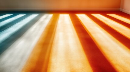 Poster - Soft, warm sunlight creates an enchanting display of stripes across a bright carpet, showcasing an interplay of color that evokes warmth and comfort in an inviting atmosphere.
