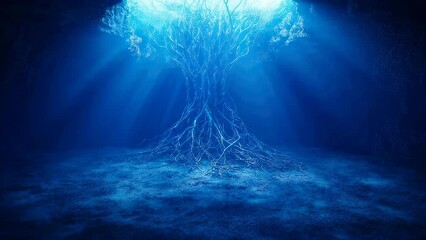 Wall Mural - Fantasy Glowing Tree in Blue Cave Seamless Loop