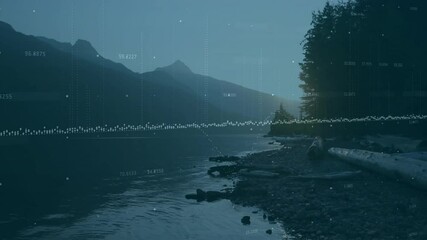 Poster - Dawn initiating waveform overlay pulsing data points, sun cresting horizon illuminating lakeshore