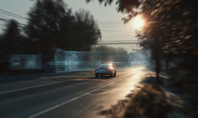 Poster - Bright sunlight filters through trees as vehicles move along the lanes of a busy road. The warm glow of the evening enhances the tranquil yet dynamic atmosphere of the traffic.