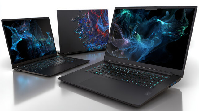 3d realistic vector collection of laptop in side, front and 3/4 view. Isolated on white background. Perfect for your advertisement.