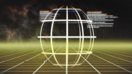 Poster - Wireframe sphere hovering amid glitch lines loading data, scrolling code forming sci fi interface