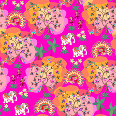 Wall Mural - fabulous elephants, funny monkeys, butterflies, peacocks among flowering trees and palms on magenta 