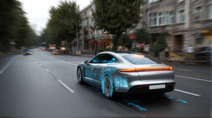 Poster - An electric car drives along a multi-lane road, showcasing lanes marked by bright blue lights. Urban scenery unfolds around the vehicle as it travels through city traffic during daytime.
