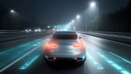Poster - A modern silver car drives along illuminated lanes on a highway at night. Digital elements display the vehicle's features, enhancing road visibility and showcasing advanced driving technology.