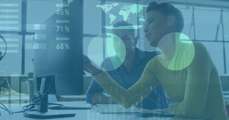 Poster - Man glancing at monitor, woman pointing, activating business charts, percentages and map overlays