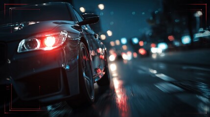 Poster - Vehicles navigate through busy lanes under bright urban lights during the night. Reflections shimmer on the wet road surface, enhancing the lively atmosphere of city traffic.