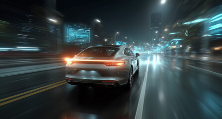 Poster - A modern car drives through a busy urban road at night, illuminated by vibrant neon lights. The wet pavement reflects the glowing advertisements and streetlamps, enhancing the city's energy.