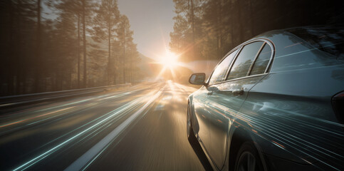 Poster - Cars are traveling swiftly on a multi-lane road as the sun rises in the background, casting light through the trees lining the route. The atmosphere is serene yet dynamic.