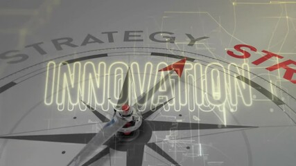 Poster - On INNOVATION fading in, 3D compass rotating, STRATEGY rim brightening to emphasize innovation