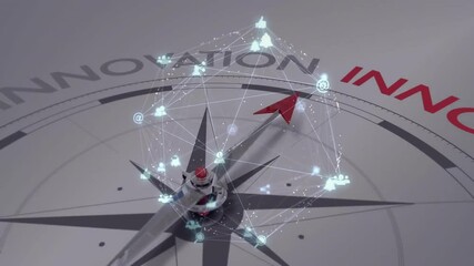 Poster - Glowing cyan points forming 3D network around dual-toned needle rotating toward innovation goal