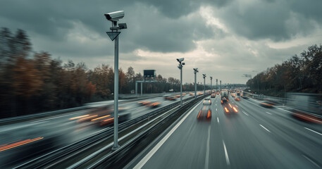 Aufkleber - Vehicles navigate multiple lanes on a highway under overcast skies. Surveillance cameras monitor traffic flow while autumn trees line the sides, creating a dynamic urban environment.