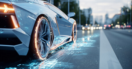 Poster - A futuristic car with glowing outlines is parked on a multi-lane urban road. Traffic is flowing in the background as the evening light casts a soft glow over the surroundings.