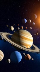 Wall Mural - Cosmic ballet showcasing an array of celestial planets floating amidst a vibrant star field, radiating light and mystery in the dark interstellar medium.