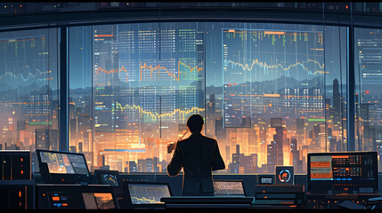 Poster - A man looking at stock market data on monitors with a cityscape view at night in the background