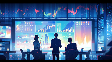 Poster - Team of analysts reviewing stock market data on large screens in a modern office setting at night