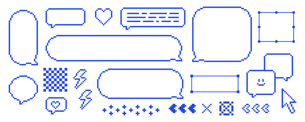 Poster - Pixel art empty retro speech bubbles. Set of dialog box on white background. Chat balloon for text message, game interface, social media. 8 bit arrow, cursor, communication isolated vector elements