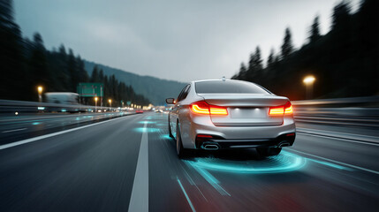 Aufkleber - A sleek car speeds along a well-lit expressway during dusk, utilizing advanced lane recognition technology.