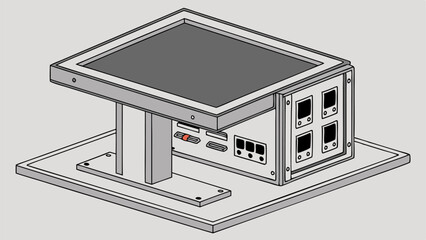 Isometric view of a gray industrial machine with a screen, switches, and ports on a platform table