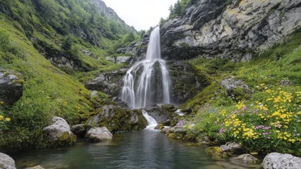 Poster - A picturesque mountain waterfall cascades down rocky cliffs surrounded by lush greenery and colorful wildflowers.