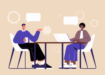 Poster - Two Businessmen Having a Conversation at a Desk with a Laptop and Coffee in a Modern Office Setting