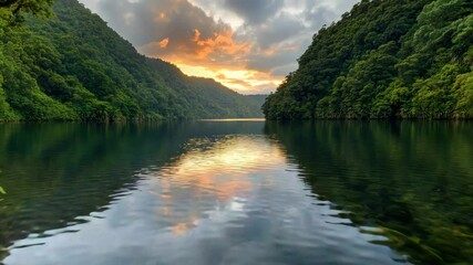 Poster - A serene lake surrounded by lush green hills and vibrant foliage, reflecting a dramatic sunset sky.