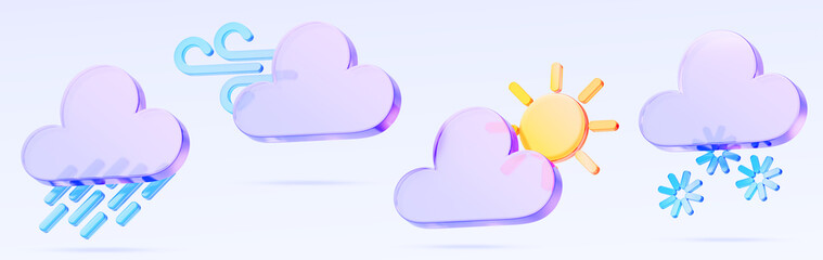 Poster - 3d weather render icon set. Glass holographic clouds with sun, rain drops, wind blow and snowflakes. Climate forecast elements for app or web design. Isolated meteorology symbols. 3D illustration